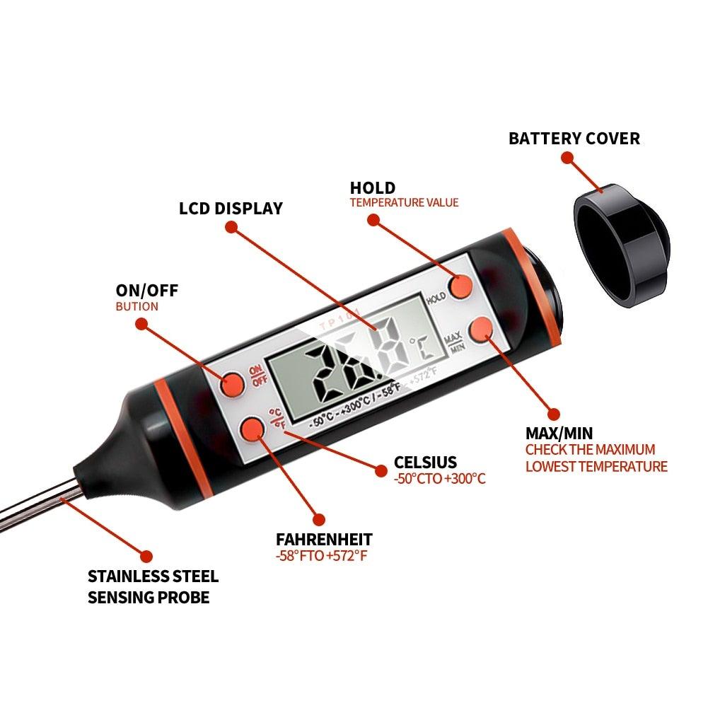 Food Thermometer For BBQ Meat Cake Candy Fry Grill Dinning Household Cooking Thermometer Digital Meat Thermometer with Long Probe Instant Read Food Cooking Thermometer For Grilling BBQ Smoker Grill Kitchen Oil Candy Oven Tools