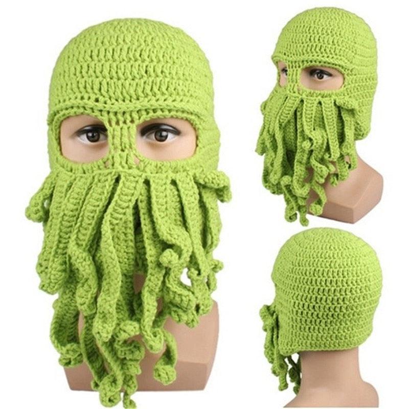 Funny Party Octopus Beard Hat Unisex Animal Cthulhu Crocheted Tentacle Knit Wind Mask Ski Cap Halloween Hats Bear Boys Octopus Beanie Hat For Men Winter Warm Skiing Biking Costume Squid Mask Foldaway Beard Octopus Pirate Hats Bearded Caps