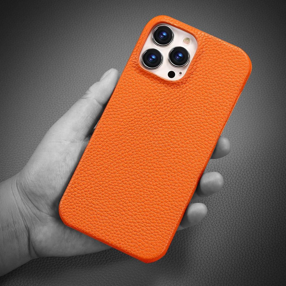 Genuine Leather Phone Case for iPhone 13 14 Pro Max 12 Mini 12 Pro Max Back Cover Neon Orange Silicone Phone Cover Wireless Charging Compatible Shockproof Protective Case for iPhone