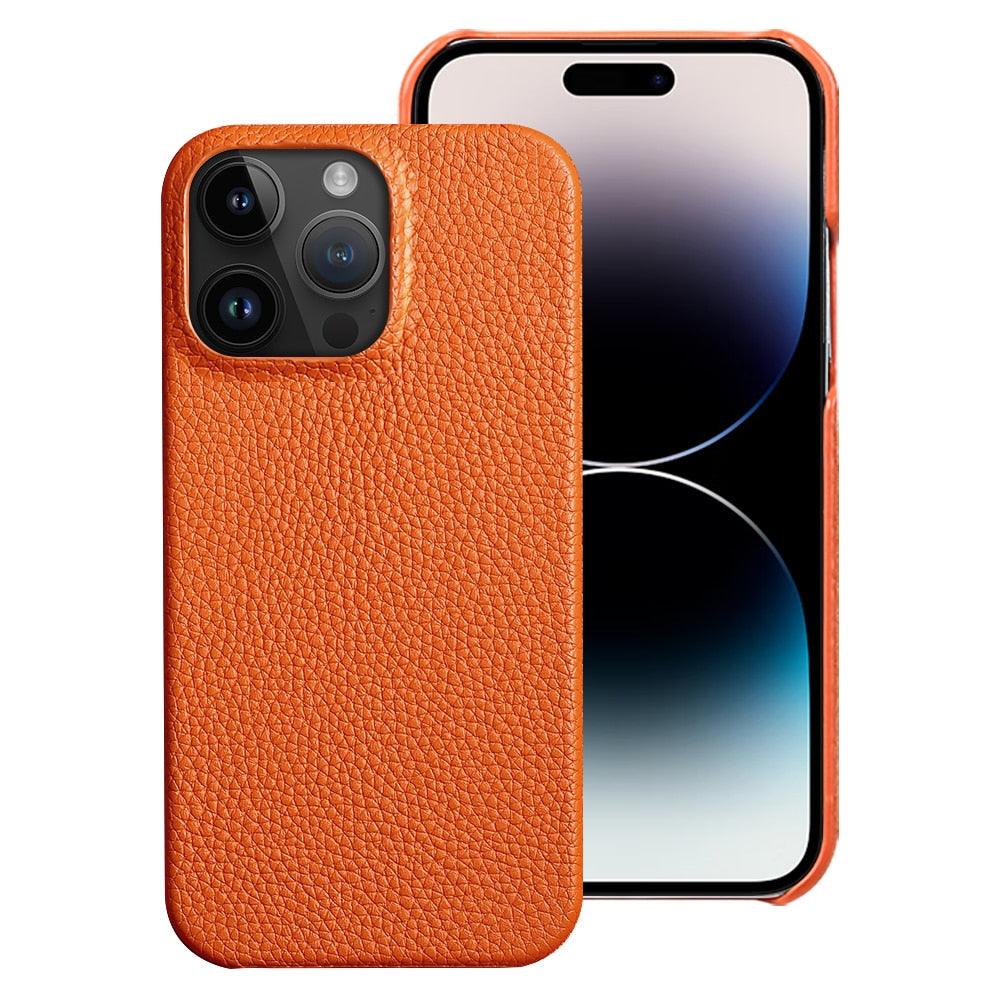 Genuine Leather Phone Case for iPhone 13 14 Pro Max 12 Mini 12 Pro Max Back Cover Neon Orange Silicone Phone Cover Wireless Charging Compatible Shockproof Protective Case for iPhone