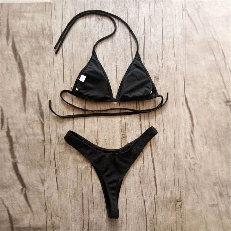 Girls Swimming Suits Bikini Small Cup Women Two Pieces Knitting Thong Bikinis Summer Spaghetti Strap Top And Bottoms Swimsuit Swimwear High Cut Style Beach Bikini Solid Black/White Micro Swim Suits Thong Bikinis