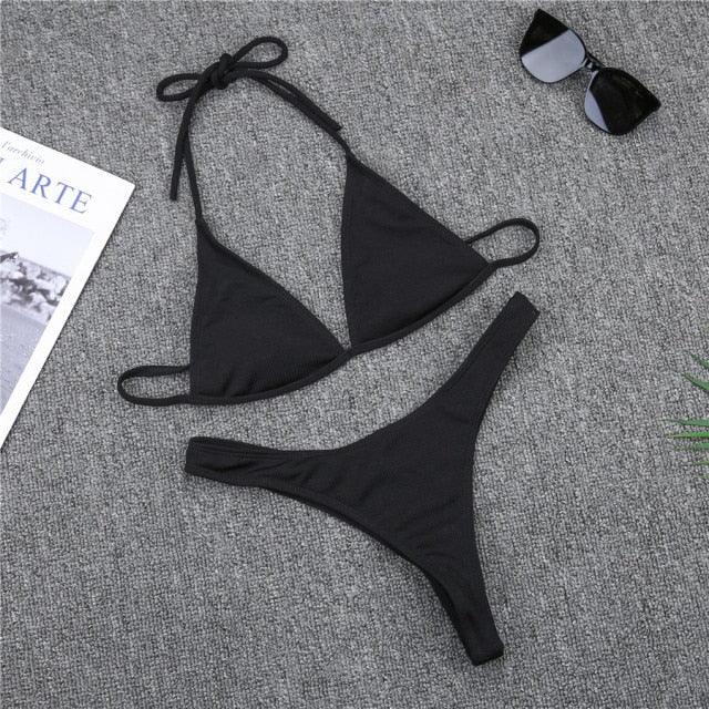 Girls Swimming Suits Bikini Small Cup Women Two Pieces Knitting Thong Bikinis Summer Spaghetti Strap Top And Bottoms Swimsuit Swimwear High Cut Style Beach Bikini Solid Black/White Micro Swim Suits Thong Bikinis