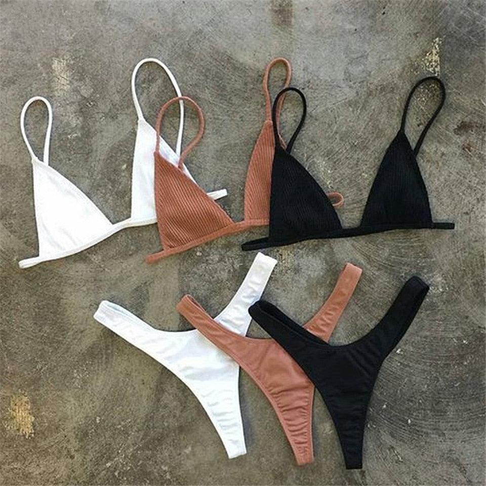 Girls Swimming Suits Bikini Small Cup Women Two Pieces Knitting Thong Bikinis Summer Spaghetti Strap Top And Bottoms Swimsuit Swimwear High Cut Style Beach Bikini Solid Black/White Micro Swim Suits Thong Bikinis