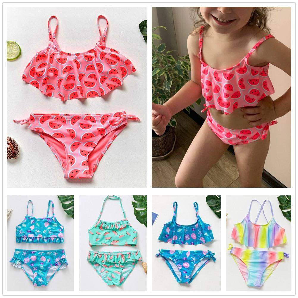 Girls Swimsuit High quality Girls swimwear Two pieces Kids Bikini Set Swimming Suit For Children Girls Swimsuit Flounce Bikini Set 2 Piece Swimwear Watermelon Ruffle Bathing Suits