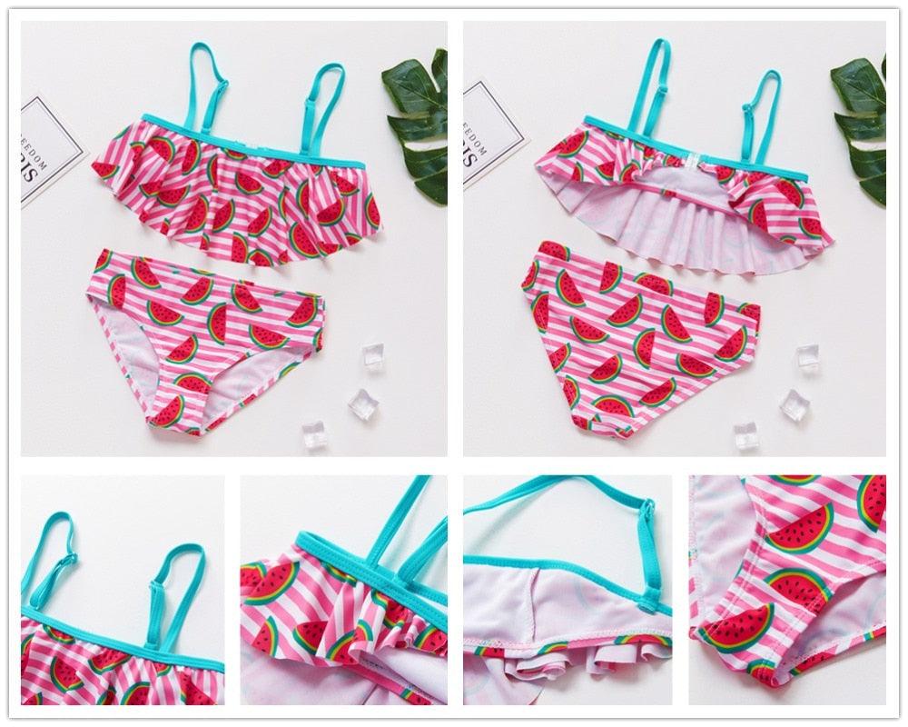 Girls Swimsuit Kids Swimwear Cute Print Kids Bikini Sets Girls Swimsuits Two Piece Bathing Suit Sets 3D Printed Swimwear Ruffle Style Children Swimwear Kids Beach Wear 2-16 Year