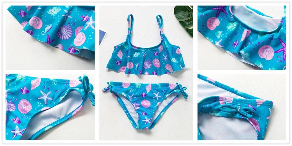 Girls Swimsuit Kids Swimwear Cute Print Kids Bikini Sets Girls Swimsuits Two Piece Bathing Suit Sets 3D Printed Swimwear Ruffle Style Children Swimwear Kids Beach Wear 2-16 Year