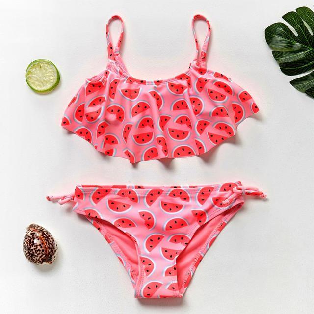 Girls Swimsuit Kids Swimwear Cute Print Kids Bikini Sets Girls Swimsuits Two Piece Bathing Suit Sets 3D Printed Swimwear Ruffle Style Children Swimwear Kids Beach Wear 2-16 Year