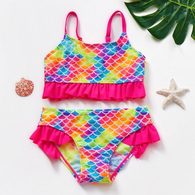 Girls Swimsuit Kids Swimwear Cute Print Kids Bikini Sets Girls Swimsuits Two Piece Bathing Suit Sets 3D Printed Swimwear Ruffle Style Children Swimwear Kids Beach Wear 2-16 Year