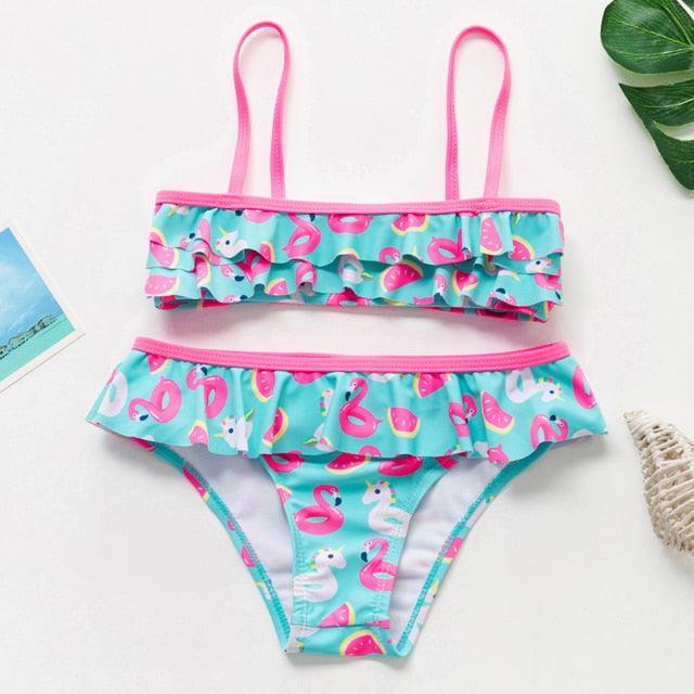 Girls Swimsuit Kids Swimwear Cute Print Kids Bikini Sets Girls Swimsuits Two Piece Bathing Suit Sets 3D Printed Swimwear Ruffle Style Children Swimwear Kids Beach Wear 2-16 Year