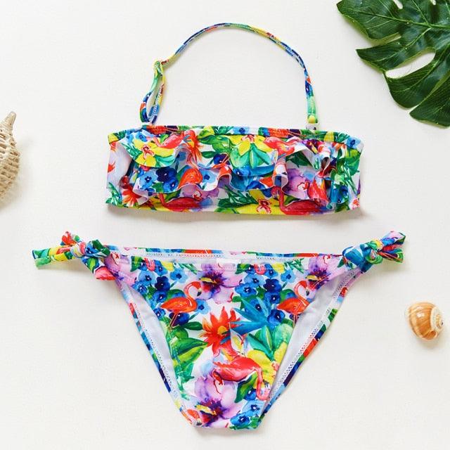 Girls Swimsuit Kids Swimwear Cute Print Kids Bikini Sets Girls Swimsuits Two Piece Bathing Suit Sets 3D Printed Swimwear Ruffle Style Children Swimwear Kids Beach Wear 2-16 Year