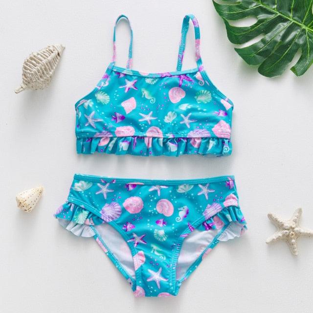 Girls Swimsuit Kids Swimwear Cute Print Kids Bikini Sets Girls Swimsuits Two Piece Bathing Suit Sets 3D Printed Swimwear Ruffle Style Children Swimwear Kids Beach Wear 2-16 Year