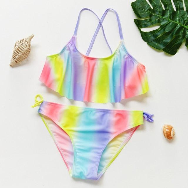 Girls Swimsuit Kids Swimwear Cute Print Kids Bikini Sets Girls Swimsuits Two Piece Bathing Suit Sets 3D Printed Swimwear Ruffle Style Children Swimwear Kids Beach Wear 2-16 Year