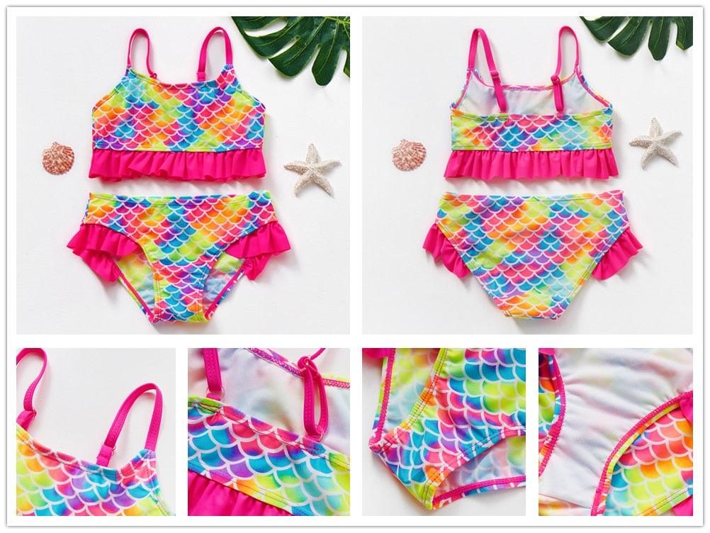 Girls Swimsuit Kids Swimwear Cute Print Kids Bikini Sets Girls Swimsuits Two Piece Bathing Suit Sets 3D Printed Swimwear Ruffle Style Children Swimwear Kids Beach Wear 2-16 Year