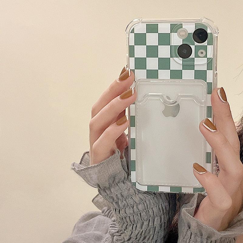 Glamorous Phone Case Shiny Transparent Card Holder Slim Soft Silicone Shockproof Case For iPhone 14 13 11 12 Pro Max 7 8 Plus Cute Green Checkerboard Clear Cover For iPhone X XR XS Shockproof Card Holder Phone Case