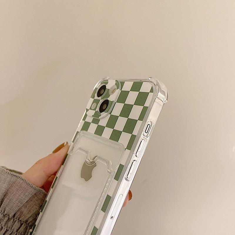 Glamorous Phone Case Shiny Transparent Card Holder Slim Soft Silicone Shockproof Case For iPhone 14 13 11 12 Pro Max 7 8 Plus Cute Green Checkerboard Clear Cover For iPhone X XR XS Shockproof Card Holder Phone Case