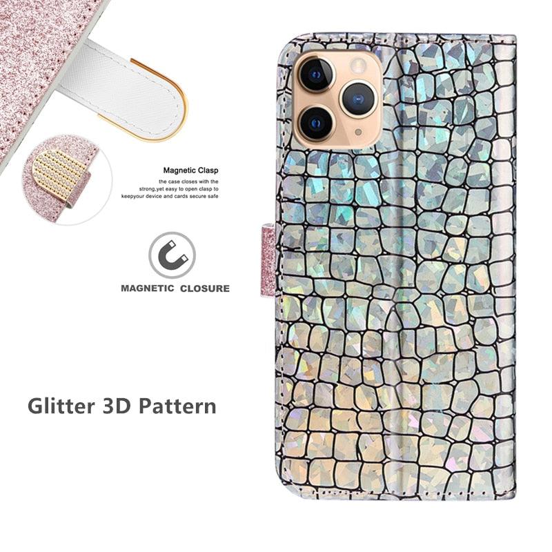 Glitter Leather Case For iPhone 11 12 13 14 Pro XR XS Max Alligator Flip Case Cover For iPhone SE Glitter Matching Texture Horizontal Flip Leather Case with Card Slots & Holder & Wallet Phone Accessories