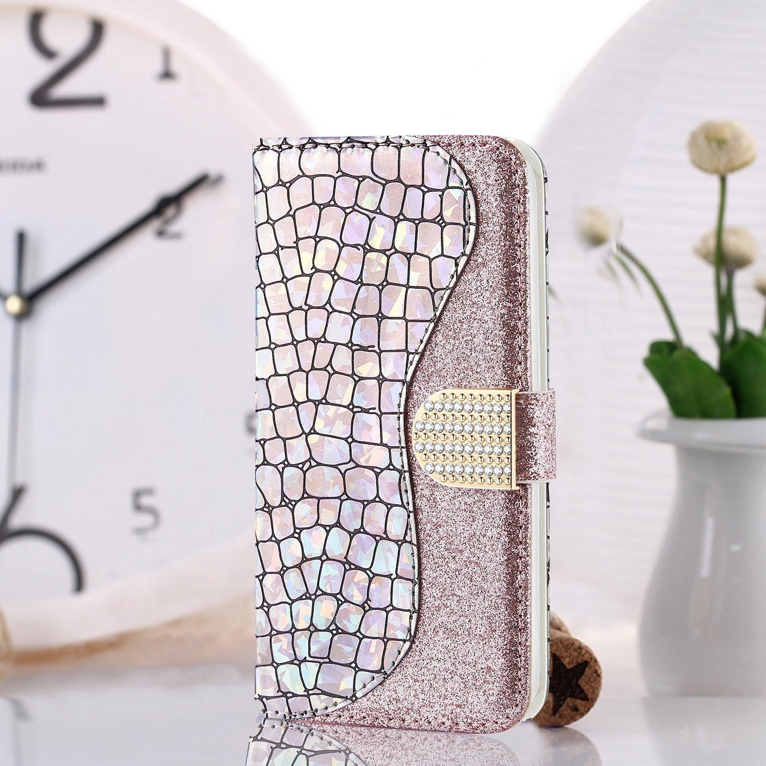 Glitter Leather Case For iPhone 11 12 13 14 Pro XR XS Max Alligator Flip Case Cover For iPhone SE Glitter Matching Texture Horizontal Flip Leather Case with Card Slots & Holder & Wallet Phone Accessories