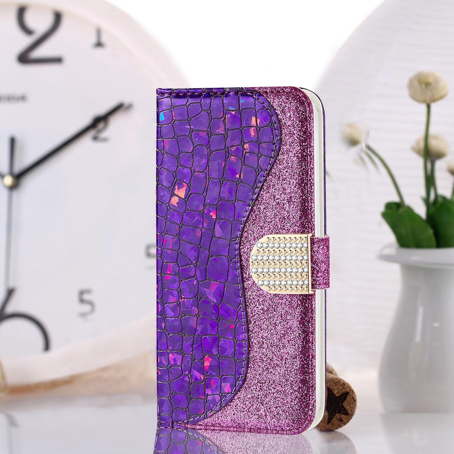 Glitter Leather Case For iPhone 11 12 13 14 Pro XR XS Max Alligator Flip Case Cover For iPhone SE Glitter Matching Texture Horizontal Flip Leather Case with Card Slots & Holder & Wallet Phone Accessories