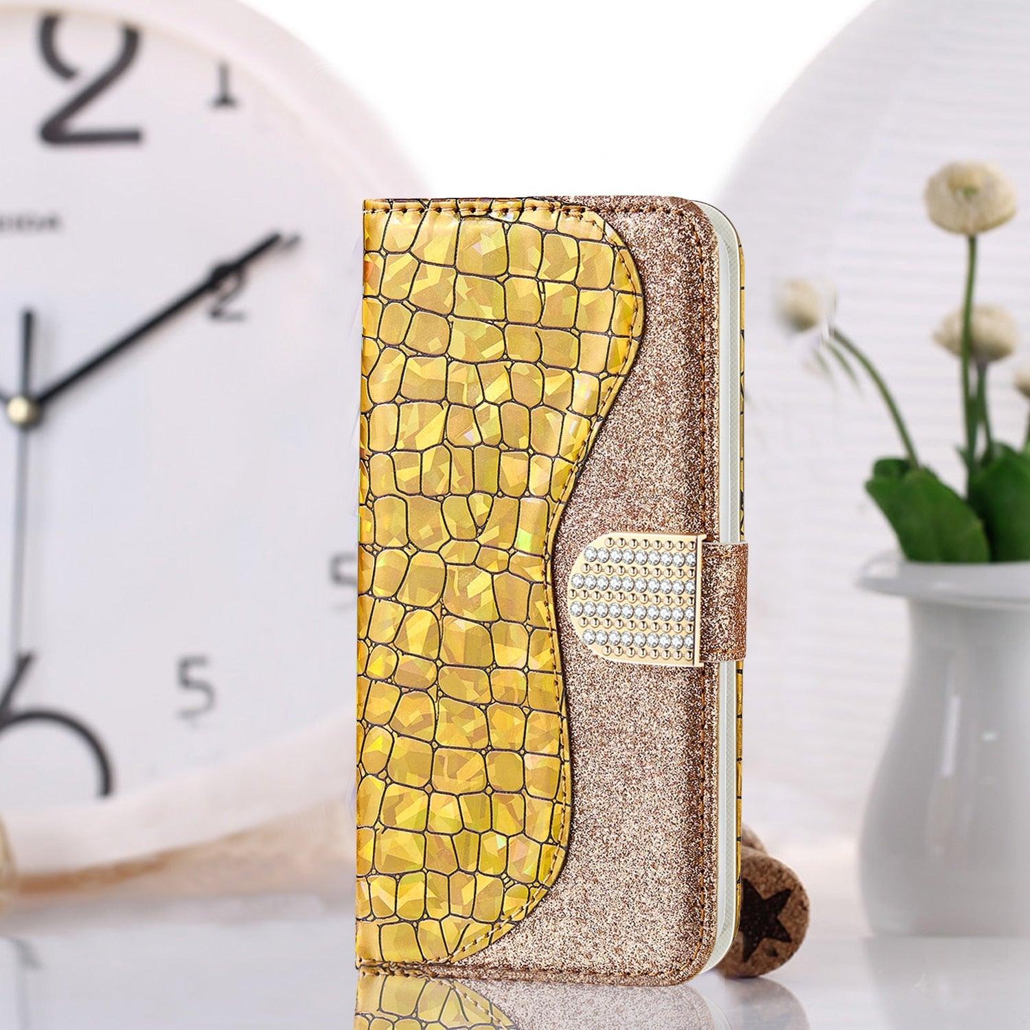 Glitter Leather Case For iPhone 11 12 13 14 Pro XR XS Max Alligator Flip Case Cover For iPhone SE Glitter Matching Texture Horizontal Flip Leather Case with Card Slots & Holder & Wallet Phone Accessories