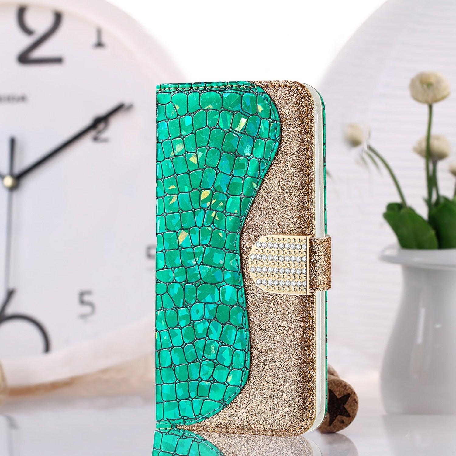 Glitter Leather Case For iPhone 11 12 13 14 Pro XR XS Max Alligator Flip Case Cover For iPhone SE Glitter Matching Texture Horizontal Flip Leather Case with Card Slots & Holder & Wallet Phone Accessories