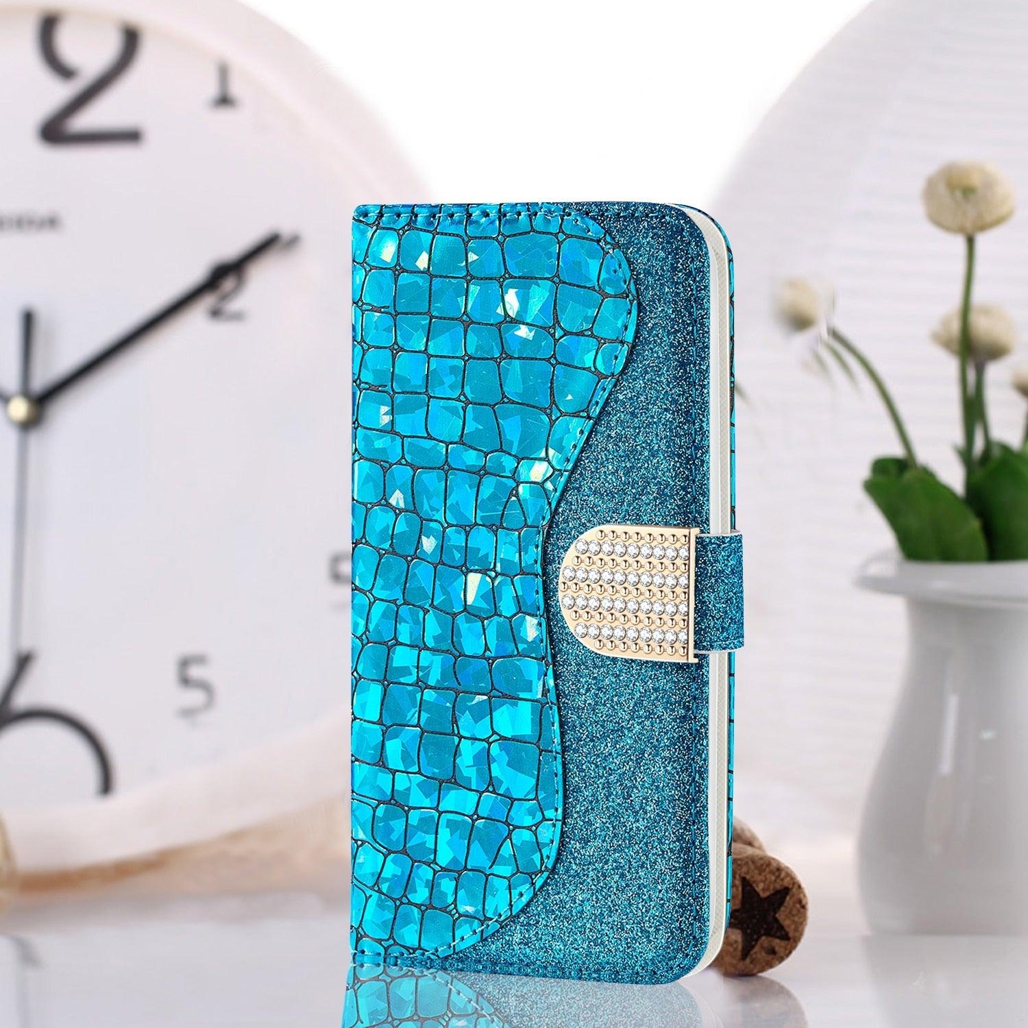 Glitter Leather Case For iPhone 11 12 13 14 Pro XR XS Max Alligator Flip Case Cover For iPhone SE Glitter Matching Texture Horizontal Flip Leather Case with Card Slots & Holder & Wallet Phone Accessories