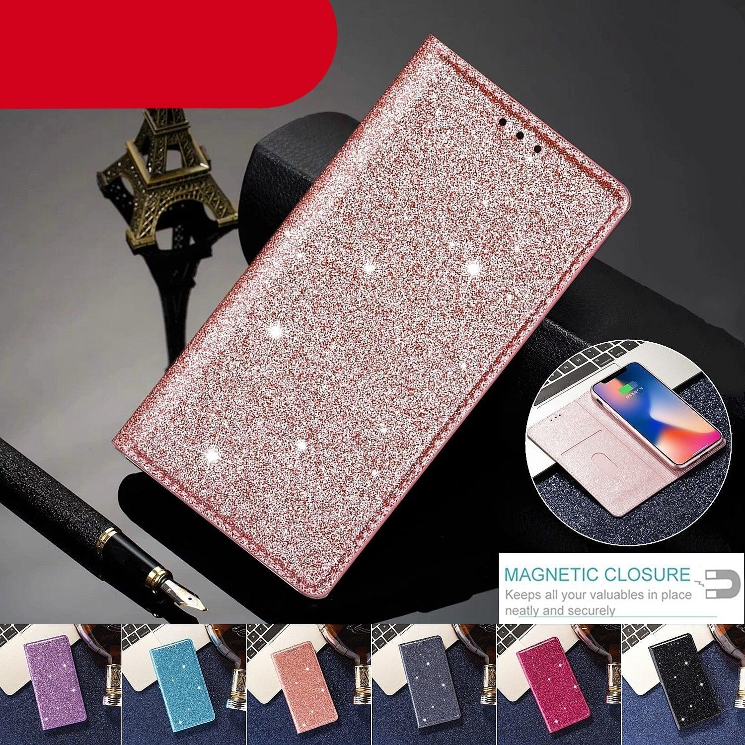 Glitter Leather Magnetic Flip Case for IPhone 14 13 11 12 Mini Pro Max Wallet Card Holder Cover Flip Shockproof Leather Wallet Case With Stand Silicone Bumper Cover