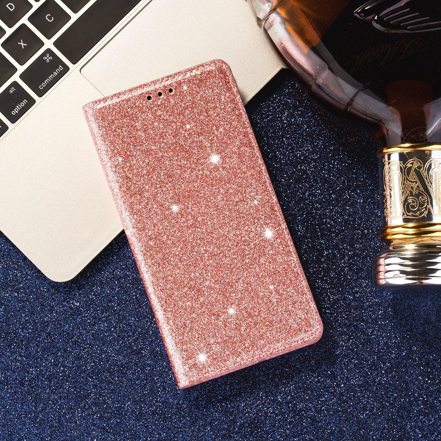 Glitter Leather Magnetic Flip Case for IPhone 14 13 11 12 Mini Pro Max Wallet Card Holder Cover Flip Shockproof Leather Wallet Case With Stand Silicone Bumper Cover