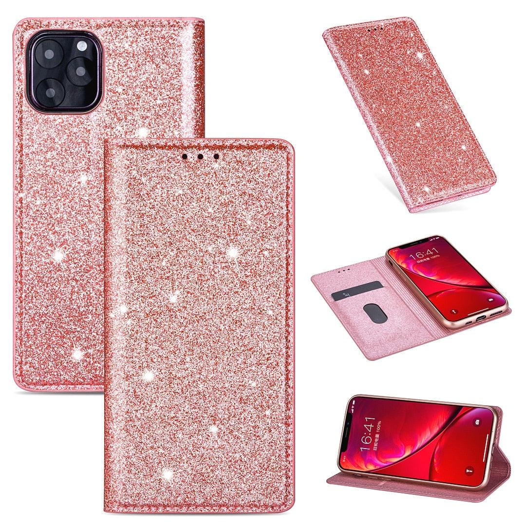 Glitter Leather Magnetic Flip Case for IPhone 14 13 11 12 Mini Pro Max Wallet Card Holder Cover Flip Shockproof Leather Wallet Case With Stand Silicone Bumper Cover