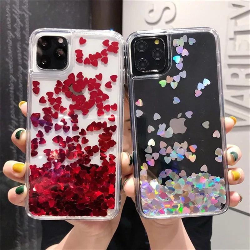 Glitter Love Heart Case For iPhone 13 12 11 Pro Max XS Max XR 7 8 Plus SE Clear Dynamic Case Soft Flowing Glitter Luxury Pretty Bumper Heavy Duty Cute Love Heart Shockproof Case