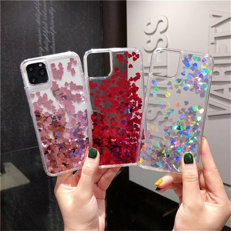 Glitter Love Heart Case For iPhone 13 12 11 Pro Max XS Max XR 7 8 Plus SE Clear Dynamic Case Soft Flowing Glitter Luxury Pretty Bumper Heavy Duty Cute Love Heart Shockproof Case