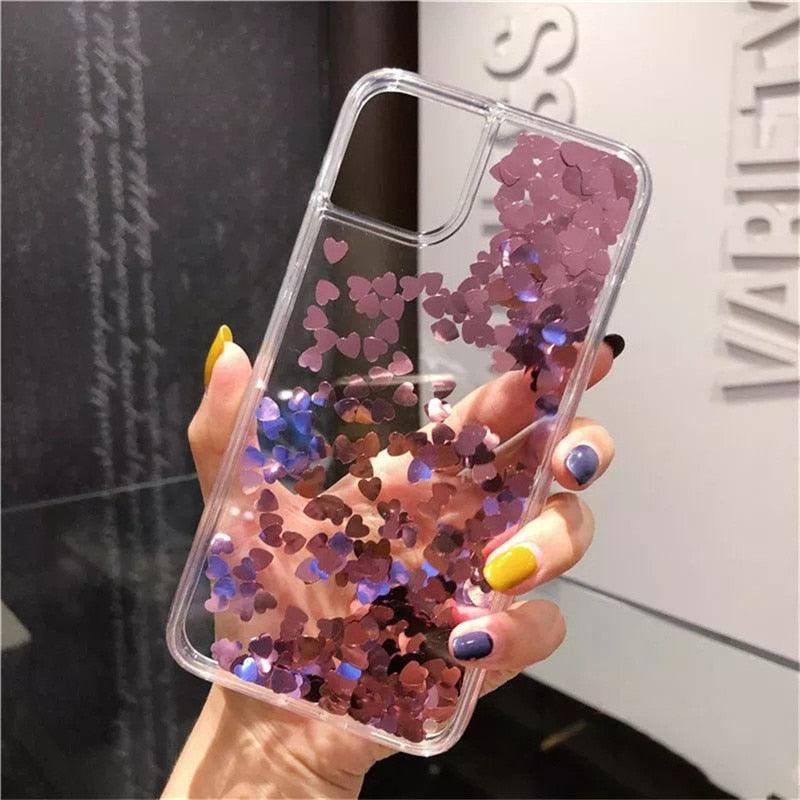 Glitter Love Heart Case For iPhone 13 12 11 Pro Max XS Max XR 7 8 Plus SE Clear Dynamic Case Soft Flowing Glitter Luxury Pretty Bumper Heavy Duty Cute Love Heart Shockproof Case