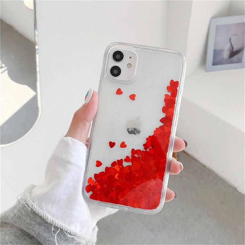 Glitter Love Heart Case For iPhone 13 12 11 Pro Max XS Max XR 7 8 Plus SE Clear Dynamic Case Soft Flowing Glitter Luxury Pretty Bumper Heavy Duty Cute Love Heart Shockproof Case