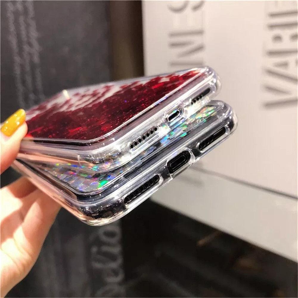 Glitter Love Heart Case For iPhone 13 12 11 Pro Max XS Max XR 7 8 Plus SE Clear Dynamic Case Soft Flowing Glitter Luxury Pretty Bumper Heavy Duty Cute Love Heart Shockproof Case