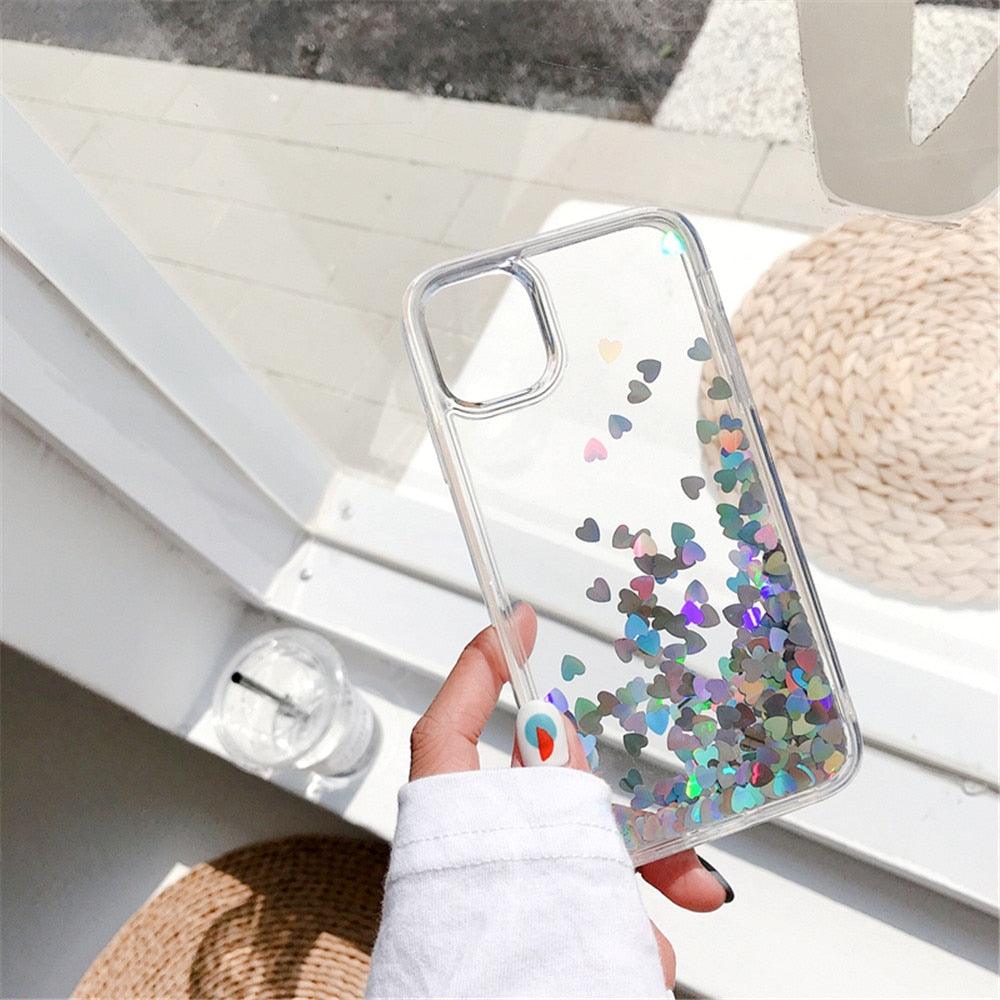 Glitter Love Heart Case For iPhone 13 12 11 Pro Max XS Max XR 7 8 Plus SE Clear Dynamic Case Soft Flowing Glitter Luxury Pretty Bumper Heavy Duty Cute Love Heart Shockproof Case