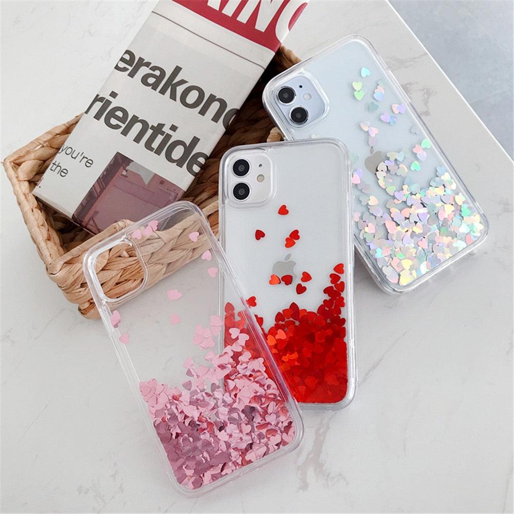 Glitter Love Heart Case For iPhone 13 12 11 Pro Max XS Max XR 7 8 Plus SE Clear Dynamic Case Soft Flowing Glitter Luxury Pretty Bumper Heavy Duty Cute Love Heart Shockproof Case