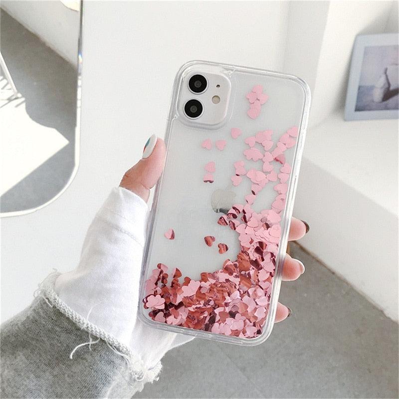 Glitter Love Heart Case For iPhone 13 12 11 Pro Max XS Max XR 7 8 Plus SE Clear Dynamic Case Soft Flowing Glitter Luxury Pretty Bumper Heavy Duty Cute Love Heart Shockproof Case