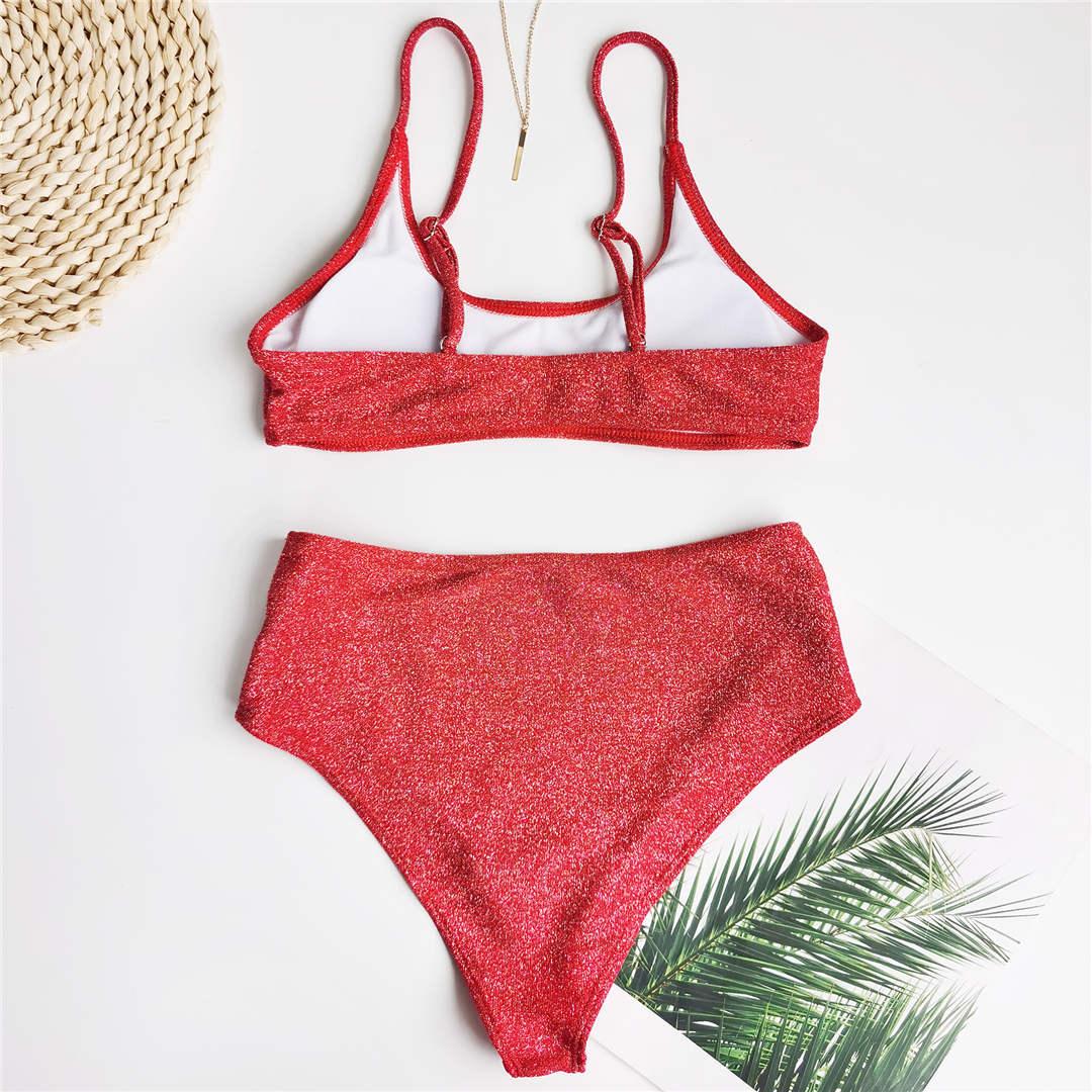 Glitter Sparkling Female Swimsuit High Waist Bikini Women's High Waist Bikinis Party Glitter Scoop Neck Crop Top Swimsuits Two Piece Bathing Suit Women Swimwear Two-pieces Bikini Set Summer Swim Suit