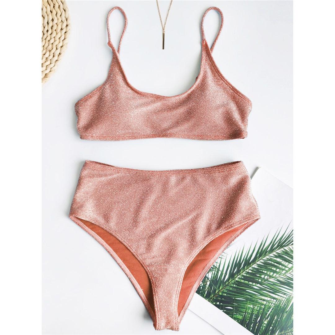 Glitter Sparkling Female Swimsuit High Waist Bikini Women's High Waist Bikinis Party Glitter Scoop Neck Crop Top Swimsuits Two Piece Bathing Suit Women Swimwear Two-pieces Bikini Set Summer Swim Suit