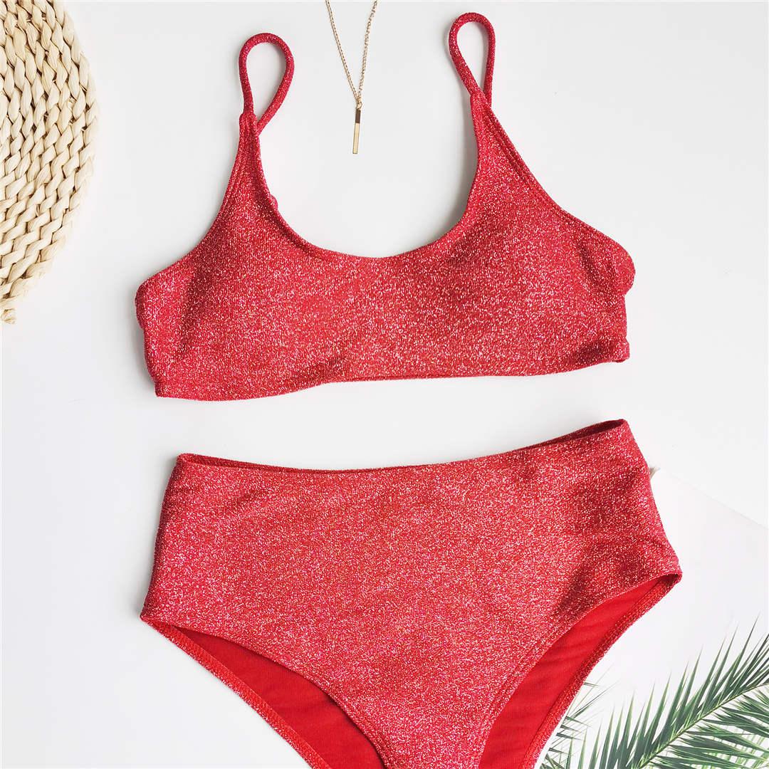 Glitter Sparkling Female Swimsuit High Waist Bikini Women's High Waist Bikinis Party Glitter Scoop Neck Crop Top Swimsuits Two Piece Bathing Suit Women Swimwear Two-pieces Bikini Set Summer Swim Suit