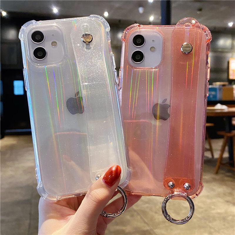 Glitter Wrist Strap Transparent Shockproof Soft Cover with Strap Phone Case For iPhone 13 11 12 14 Pro Max XS Max XR X 7 8 Plus 12 13Pro 14 Transparent Soft Back Cover Adjustable Strap Iphone Case