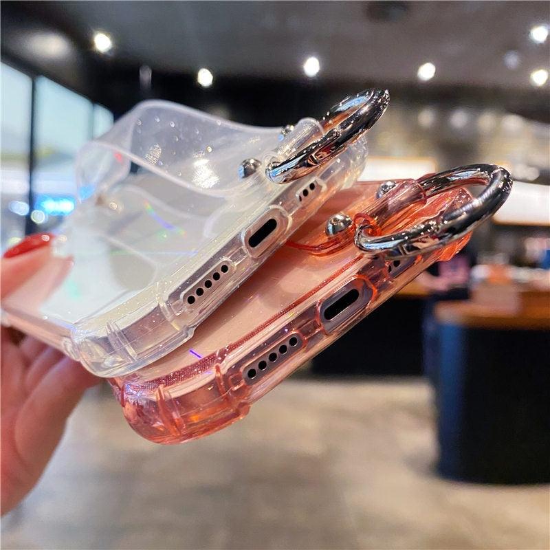 Glitter Wrist Strap Transparent Shockproof Soft Cover with Strap Phone Case For iPhone 13 11 12 14 Pro Max XS Max XR X 7 8 Plus 12 13Pro 14 Transparent Soft Back Cover Adjustable Strap Iphone Case