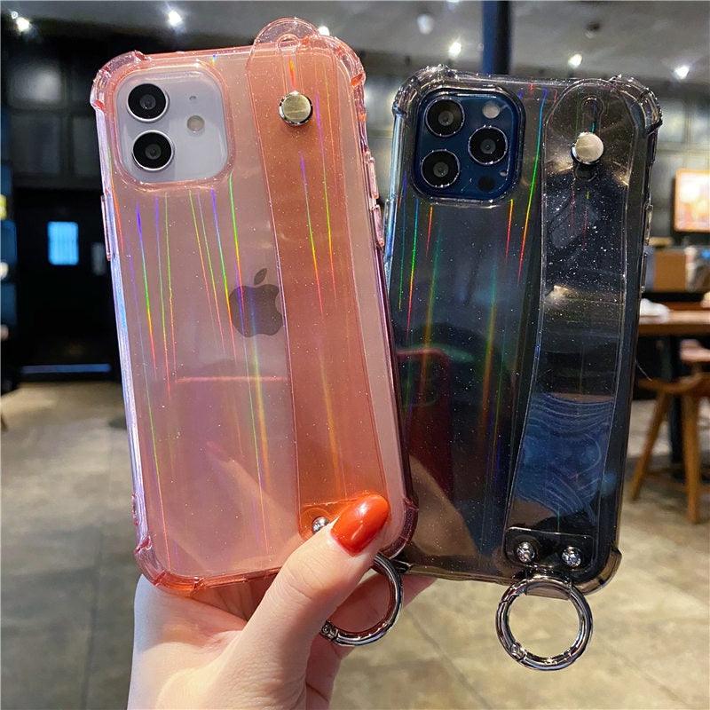 Glitter Wrist Strap Transparent Shockproof Soft Cover with Strap Phone Case For iPhone 13 11 12 14 Pro Max XS Max XR X 7 8 Plus 12 13Pro 14 Transparent Soft Back Cover Adjustable Strap Iphone Case