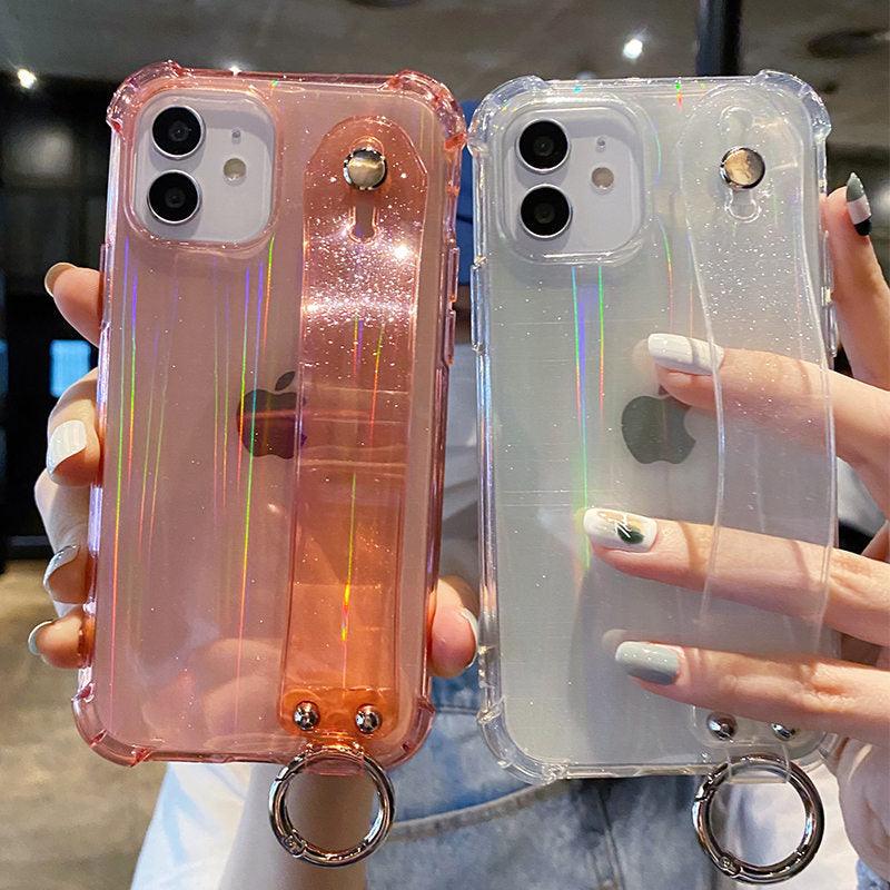 Glitter Wrist Strap Transparent Shockproof Soft Cover with Strap Phone Case For iPhone 13 11 12 14 Pro Max XS Max XR X 7 8 Plus 12 13Pro 14 Transparent Soft Back Cover Adjustable Strap Iphone Case