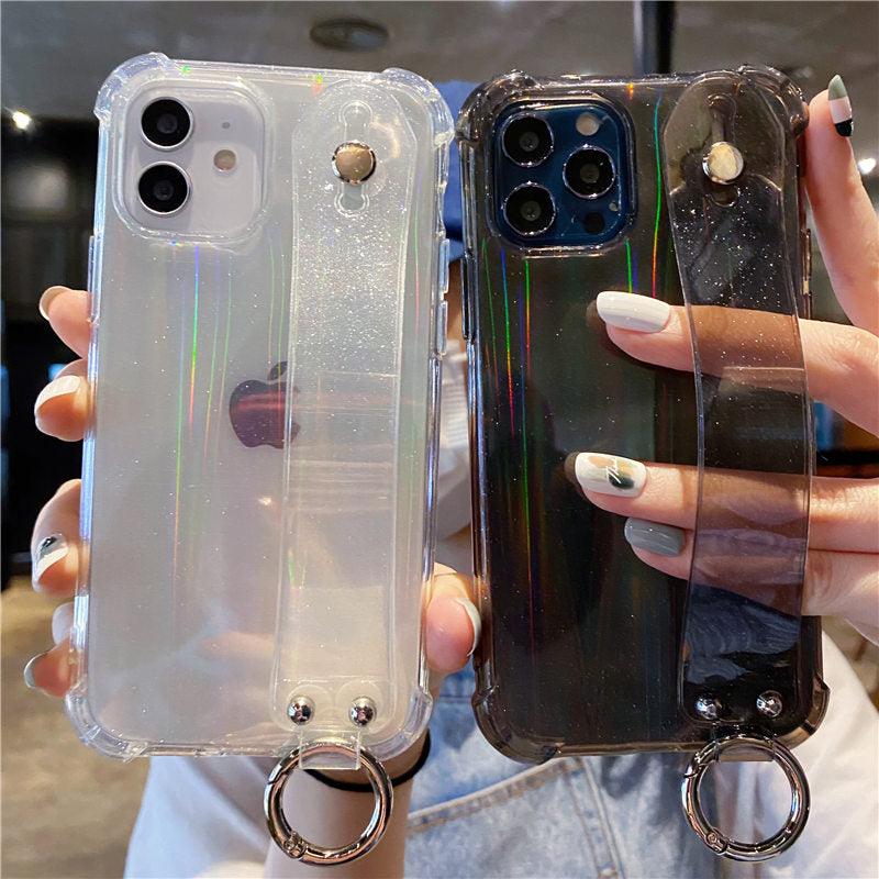 Glitter Wrist Strap Transparent Shockproof Soft Cover with Strap Phone Case For iPhone 13 11 12 14 Pro Max XS Max XR X 7 8 Plus 12 13Pro 14 Transparent Soft Back Cover Adjustable Strap Iphone Case