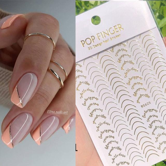 Gold 3D Nail Sticker Curve Stripe Lines Nails Stickers Gradient Adhesive Striping Tape Nail Foil Nail Art Stickers Decals Silver Strip Line Nail Decal Self-Adhesive 3D Wave Decal Decoration Metallic Curve Design Decoration for Women Girls