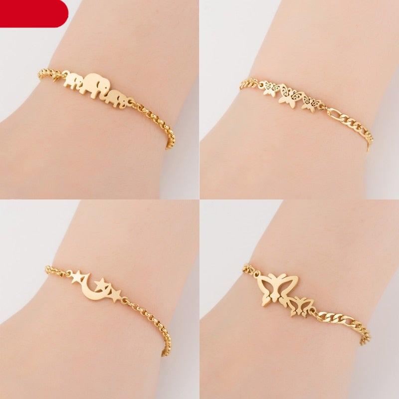 Gold Stainless Steel Animal Bracelets For Women Everyday Jewellery Butterfly Charm Gold Chain Bracelets Set For Women Adjustable Fashion Paperclip Link Beaded Bracelet Charming Women Jewelry