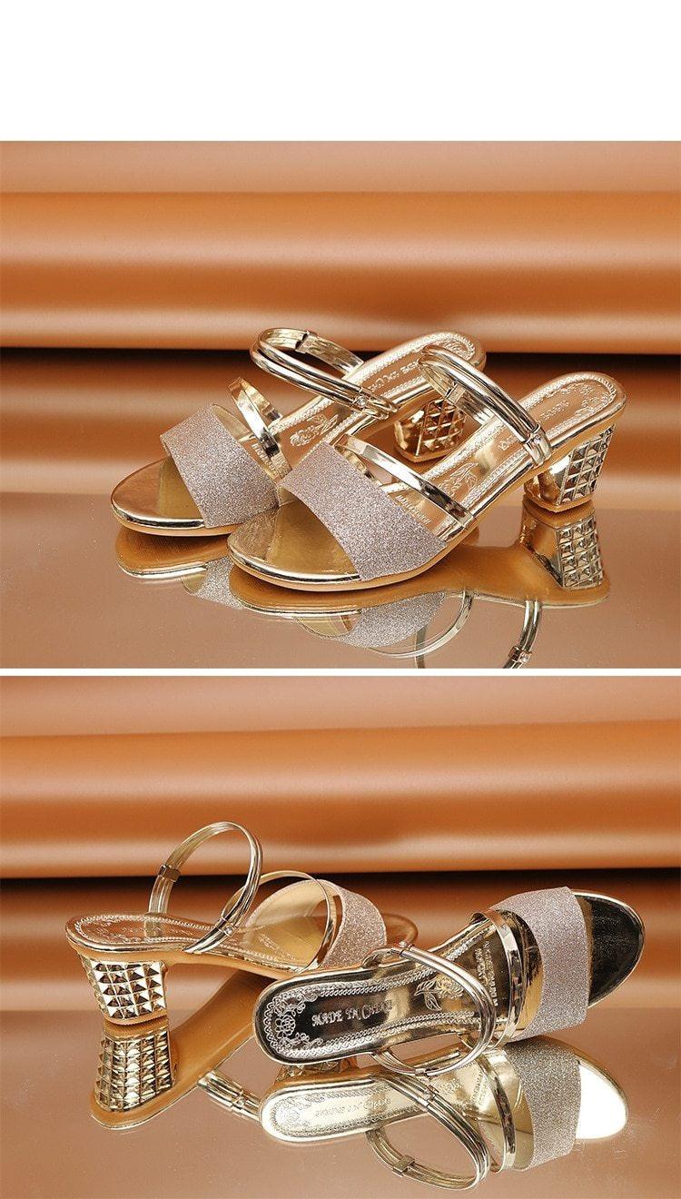 Gold Women Sandals Summer Open Toe High Heels Low Heel Shoes Ankle Strap High Women Sandals Women's Open Toe Fashion Ankle Strap Low Heel Dress Party Luxury Sandals