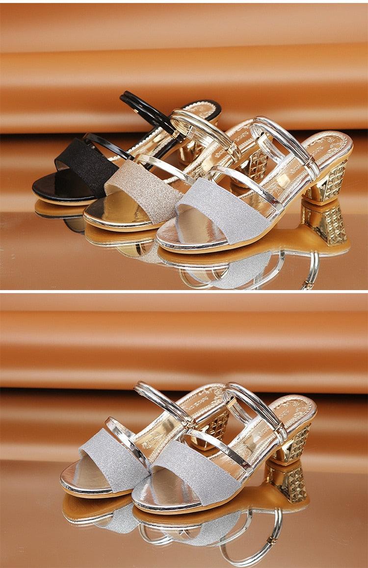 Gold Women Sandals Summer Open Toe High Heels Low Heel Shoes Ankle Strap High Women Sandals Women's Open Toe Fashion Ankle Strap Low Heel Dress Party Luxury Sandals