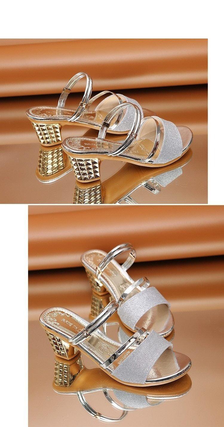 Gold Women Sandals Summer Open Toe High Heels Low Heel Shoes Ankle Strap High Women Sandals Women's Open Toe Fashion Ankle Strap Low Heel Dress Party Luxury Sandals