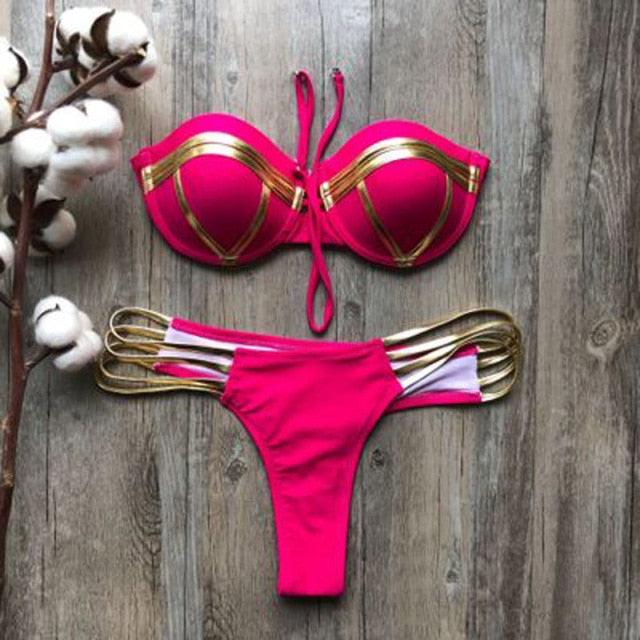 Golden Bikini Set Padded Women Swimsuit Push Up Swimwear Summer Beachwear Bathing Suit Women's Push Up Two Piece Bikini Swimsuits Elegant Lace Up Bathing Suits